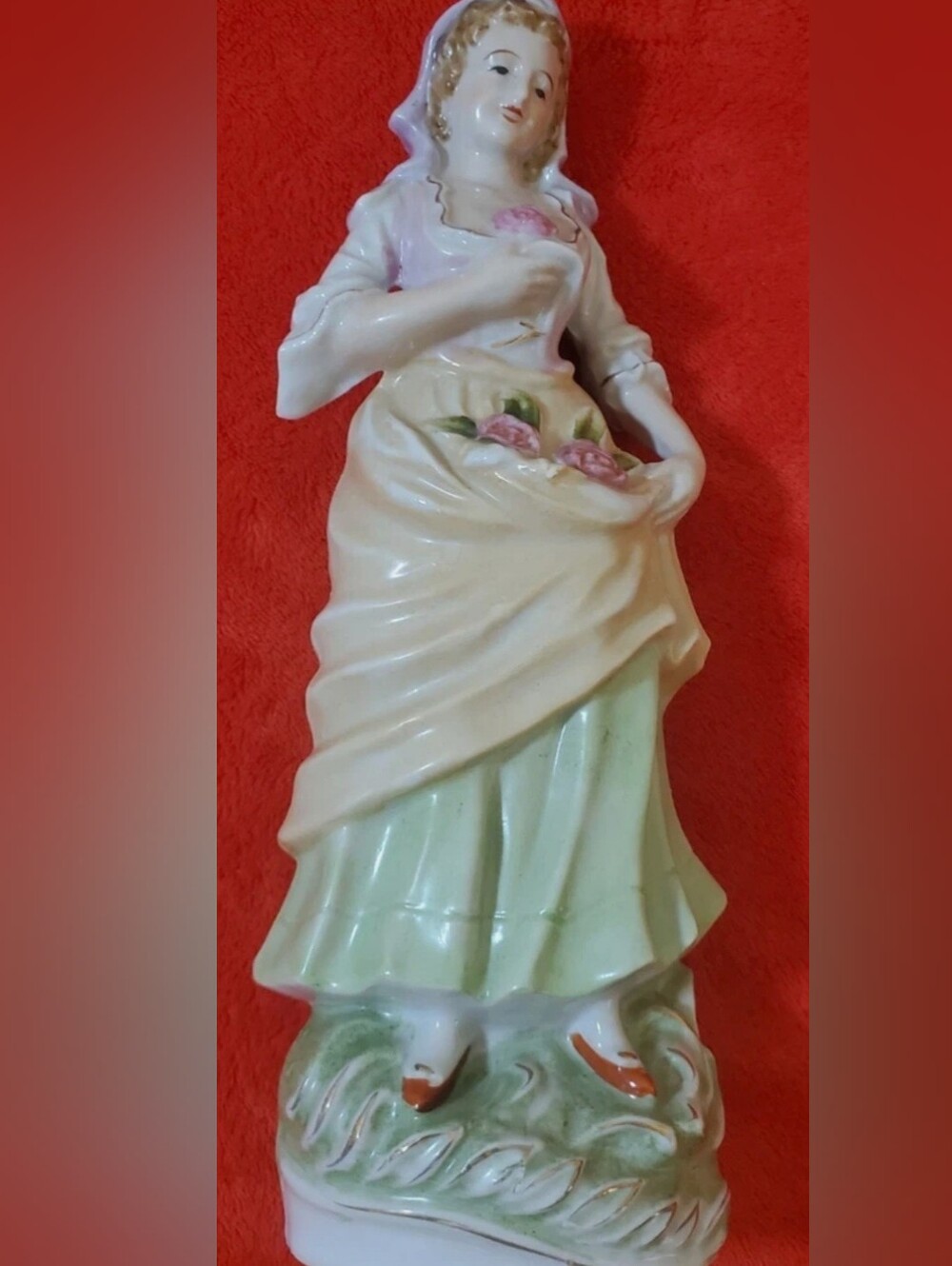 Occupied Japan Ceramic Maiden Figurine in Cream, Pink and Mint Green, Vintage